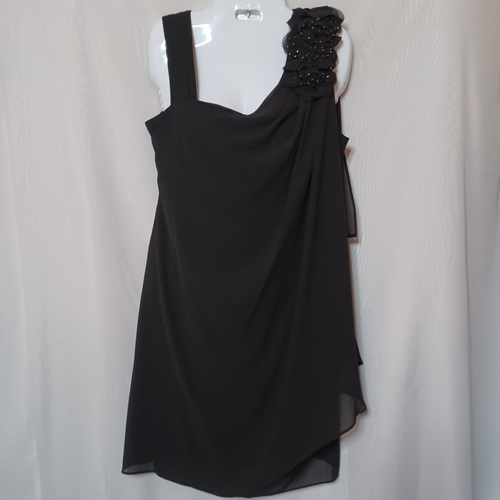 R&M Richard's Black Flowing Evening Dress With Beaded Flowers. Size 10